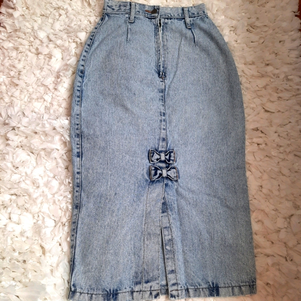 Vintage Denim Skirt High Waist Acid Wash Midi XS/S - Picture 2 of 14
